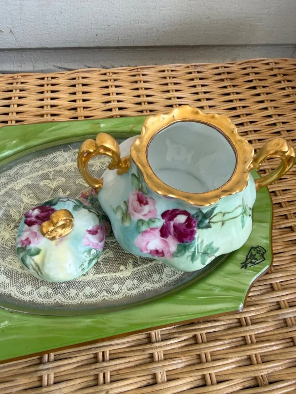 Vintage 40's Hand Painted Floral Porcelain Sugar and Greamer Set Gold Accent